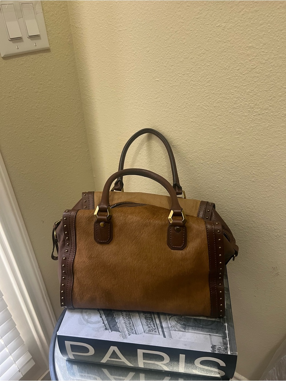 orYANY Pony hair Tan and Dark Brown Leather Satchel